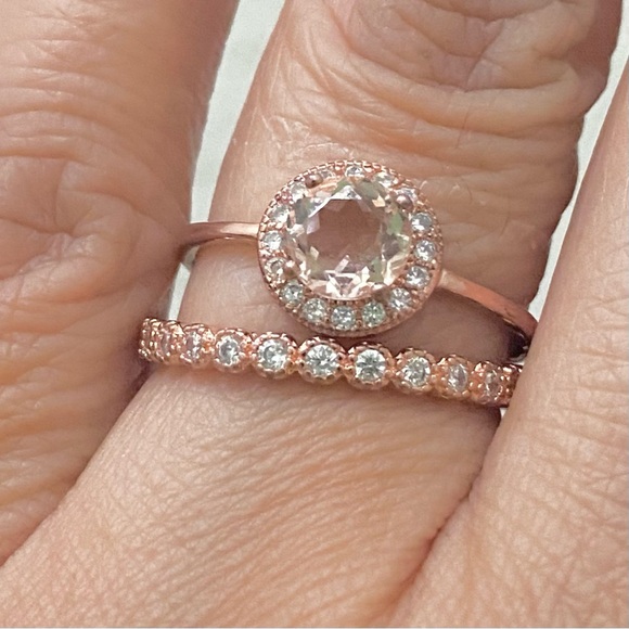 Morganite 925 Rose Gold Solitaire & Eternity Engagement Ring Set Size 7 3g - Picture 3 of 16